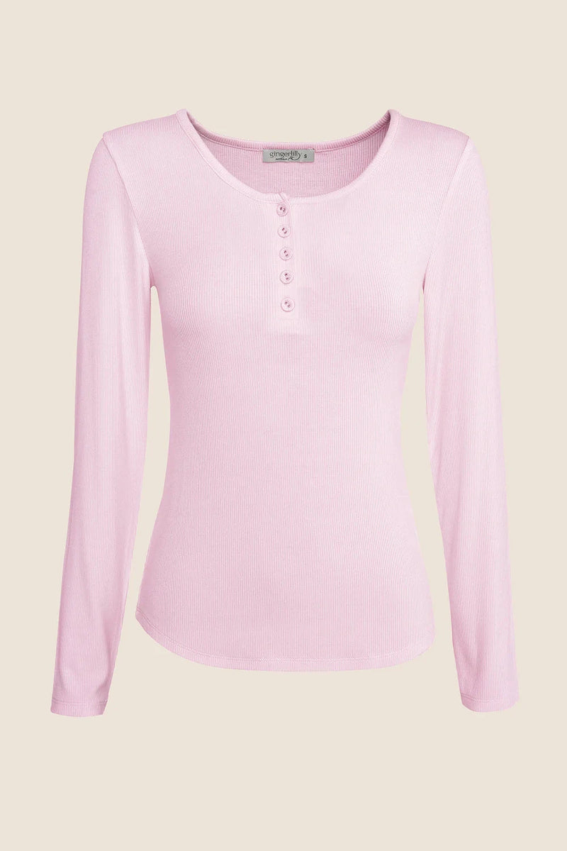 GINGERLILLY LILLE RIBBED LONG SLEEVE HENLEY TOP SLEEPWEAR Gingerlilly 