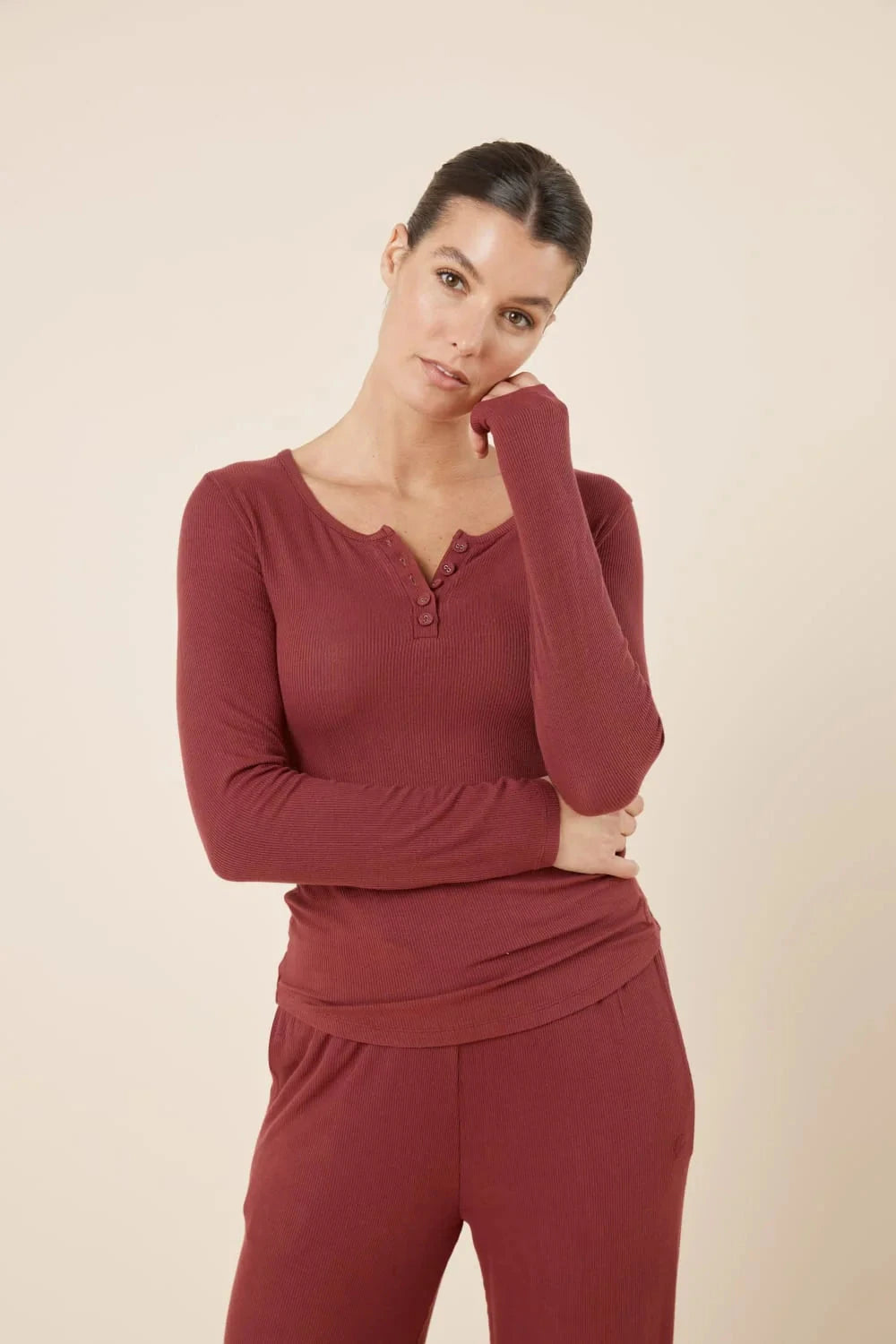 Gingerlilly Lille Ribbed Long Sleeve Henley Top Sleepwear Gingerlilly 