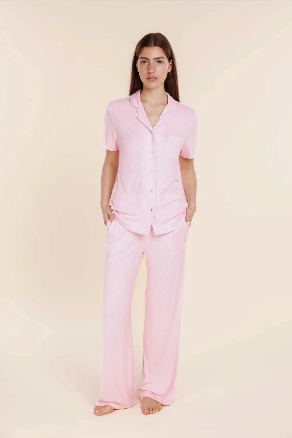 GINGERLILLY LYON RIBBED SHORT SLEEVE BUTTON UP TOP SLEEPWEAR Gingerlilly 
